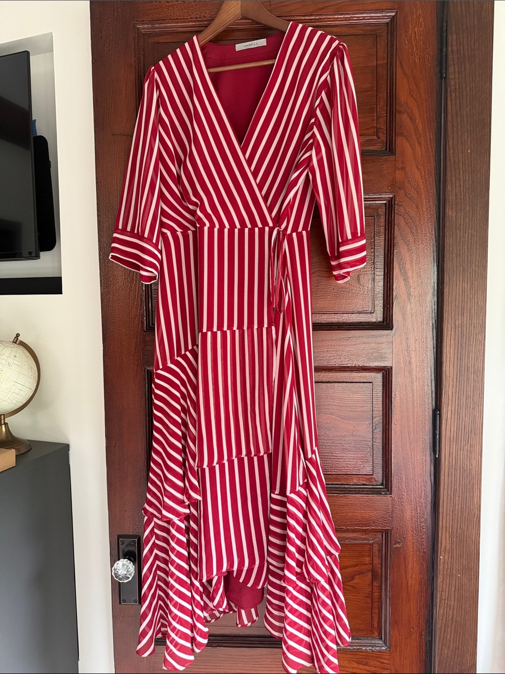 MARELLA Red and White Striped Wrap High-Low Dress